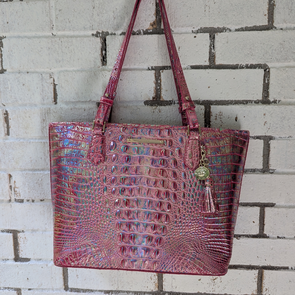 Brahmin Pink Textured Tote Bag with Glossy Finish